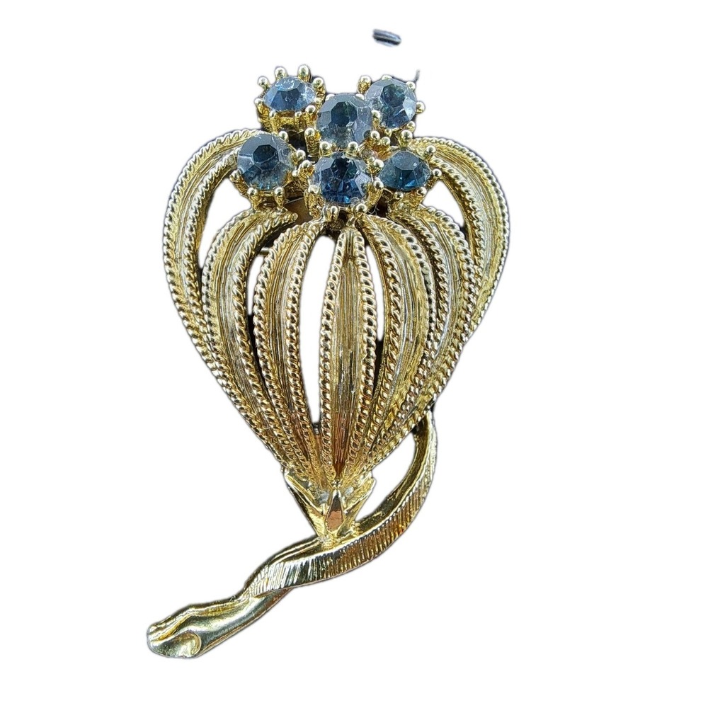 Vintage Blue Rhinestone Gold Tone Flowers Brooch Pin  Unsigned